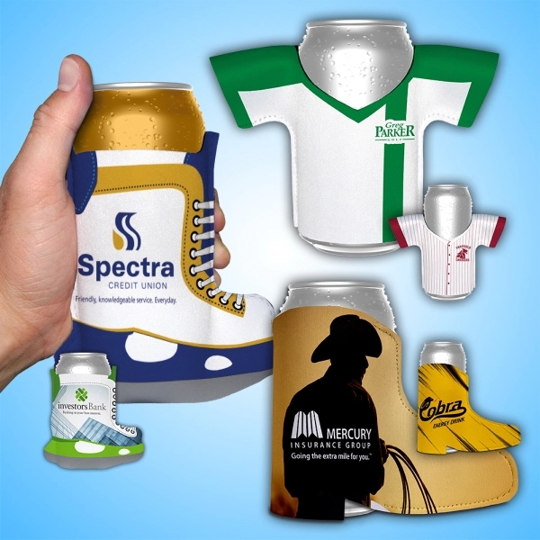 CAN COOLERS CUSTOM SHAPES,KEEPS YOUR DRINKS COOLER LONGER,REUSABLE, WASHABLE... from ASI 93987 Martini-Vispak Inc. / Insane Products Vispak