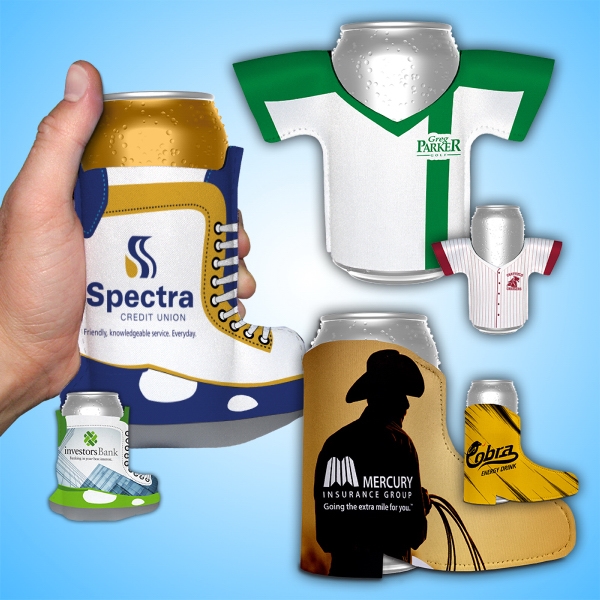 CAN COOLERS CUSTOM SHAPES,KEEPS YOUR DRINKS COOLER LONGER,REUSABLE, WASHABLE... from ASI 93987 Martini-Vispak Inc. / Insane Products Vispak