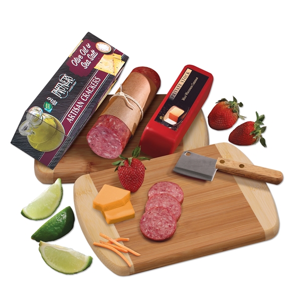 Bamboo cutting board with cheese, sausage, and crackers.... from ASI 68680 Maple Ridge Farms Inc
