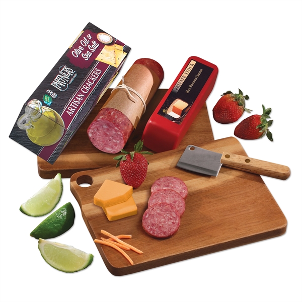 Acacia charcuterie serving board with cheese, sausage, and crackers.... from ASI 68680 Maple Ridge Farms Inc
