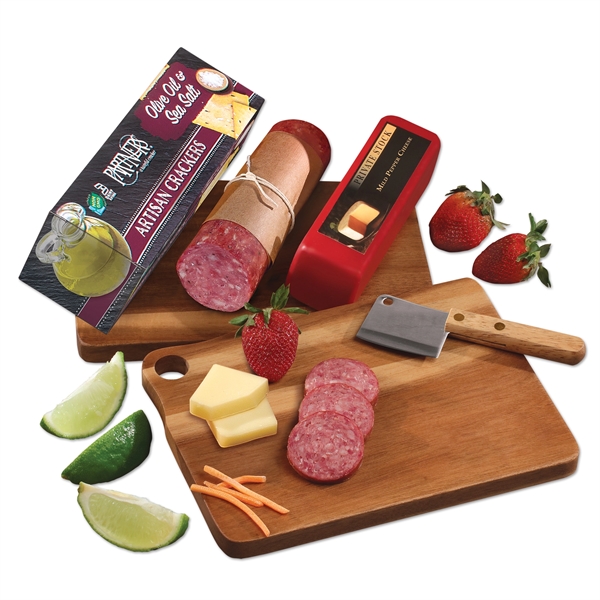 Acacia charcuterie serving board with shelf-stable cheese, sausage, and crackers.... from ASI 68680 Maple Ridge Farms Inc