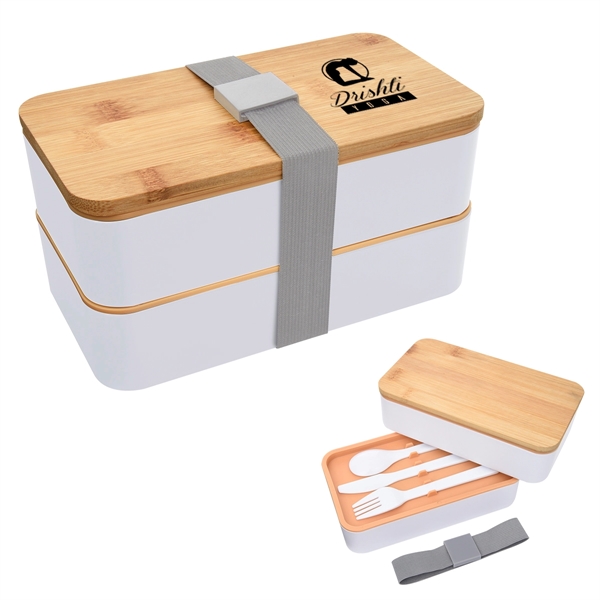 Double-tier stackable bento lunch set with a plastic fork, knife, and... from ASI 61125 Hit Promotional Products / Hit®