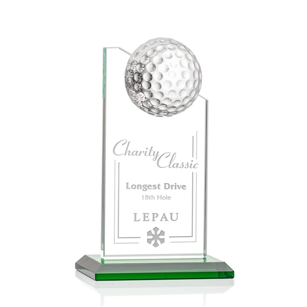 Beautiful 6" golf optical crystal award with 1/2 golf ball attached... from ASI 84592 St Regis Group / St Regis