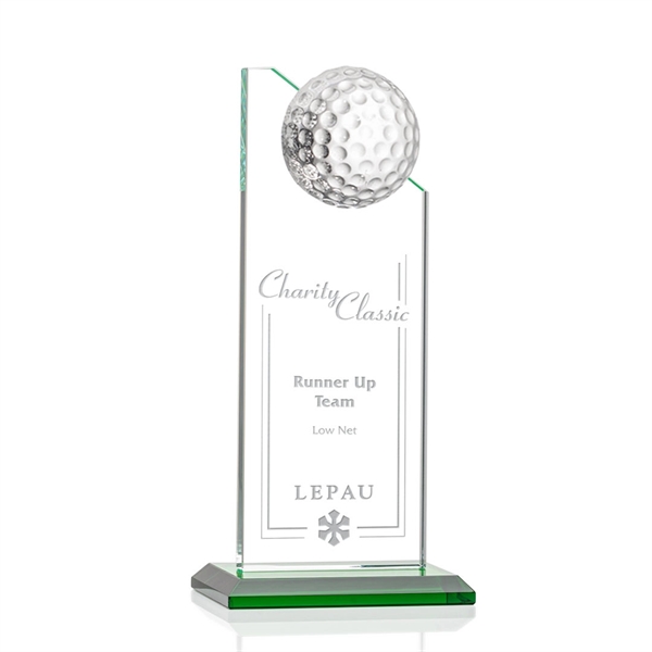 Beautiful 6" golf optical crystal award with 1/2 golf ball attached... from ASI 84592 St Regis Group / St Regis