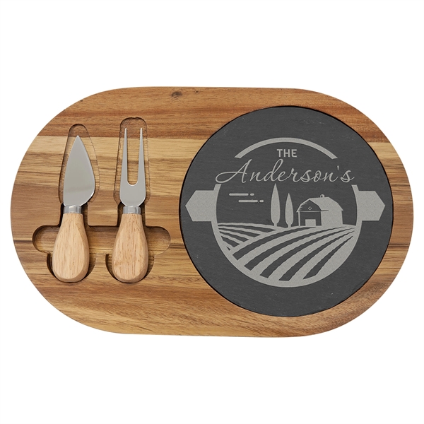 Acacia Wood/Slate Oval Cheese Set with Two Tools... from ASI 72657 Active Life Promo / Apres Ski Ingrain