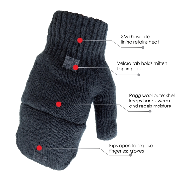 Gray glomitt- glove & mitten, ragg wool shell with 3M Thinsulate... from ASI 62192 Illinois Glove Co / Honest Abe®