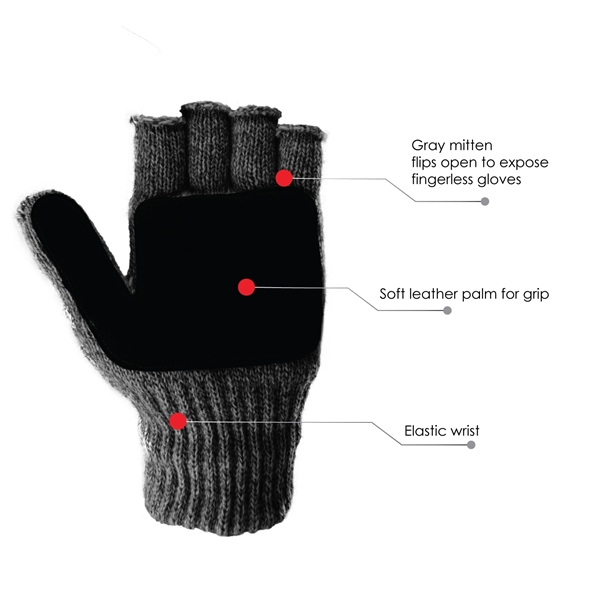 Gray glomitt- glove & mitten, ragg wool shell with 3M Thinsulate... from ASI 62192 Illinois Glove Co / Honest Abe®