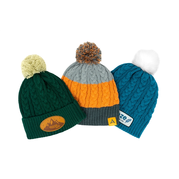 Pantone matched cable knit beanie with ability to add stripes, woven... from ASI 45657 Pop! Promos
