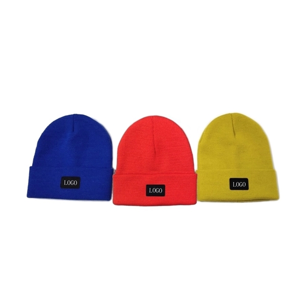 Solid color knitted acrylic beanie unisex cuff with Woven label with... from ASI 37218 Athena Promo (tm)