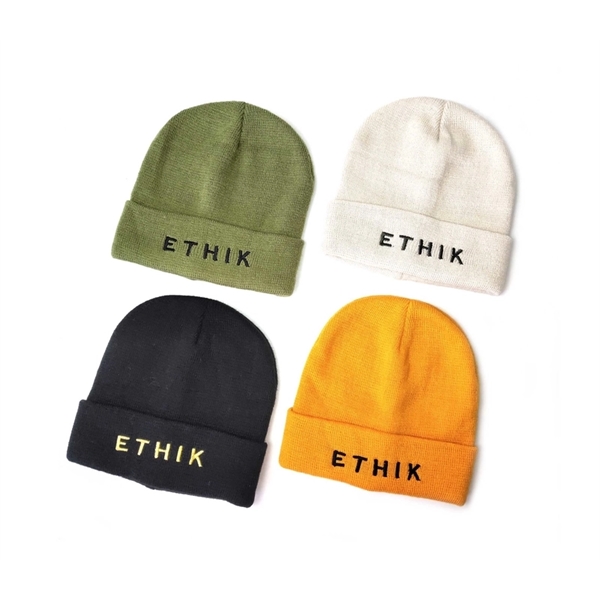 Solid color knitted acrylic beanie unisex cuff with Woven label with... from ASI 37218 Athena Promo (tm)