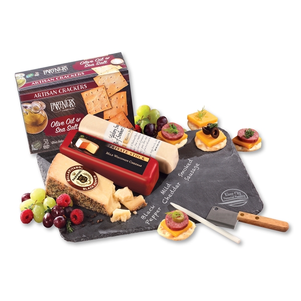 Slate cheese plate packaged with cheese, sausage, and food-safe soapstone chalk.... from ASI 68680 Maple Ridge Farms Inc