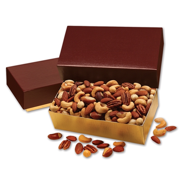 Burgundy and gold gift box filled with deluxe mixed nuts.... from ASI 68680 Maple Ridge Farms Inc