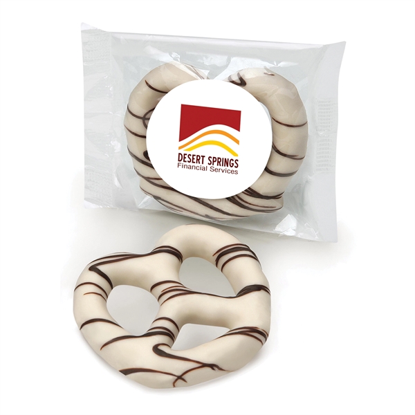 Individually labeled white chocolate covered jumbo pretzel.... from ASI 68680 Maple Ridge Farms Inc