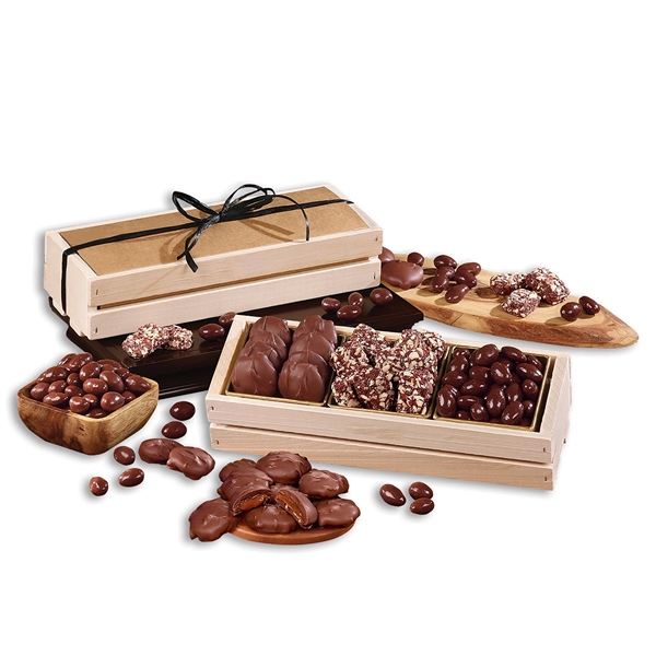 Wooden crate with toffee, turtles, and chocolate almonds.... from ASI 68680 Maple Ridge Farms Inc