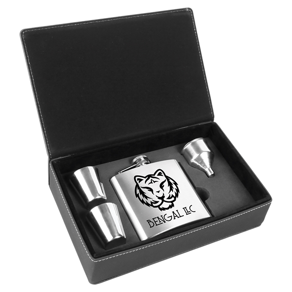 Gift box set with 6 oz. leatherette stainless steel flask, 2... from ASI 99030 Zipline / Zipline®