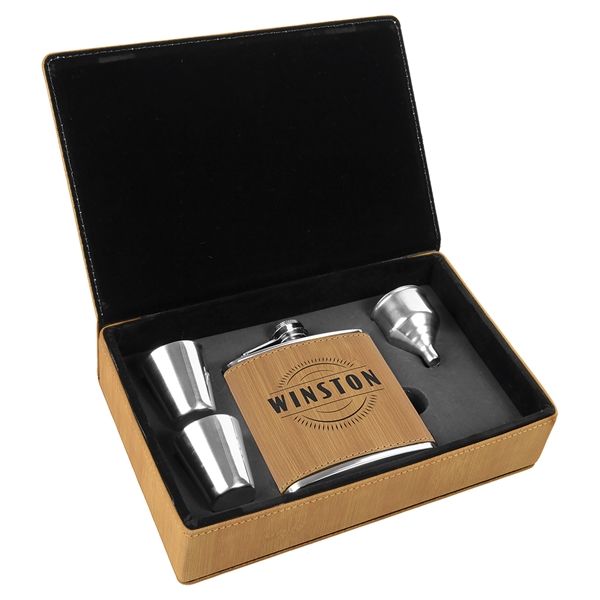 Gift box set with 6 oz. leatherette stainless steel flask, 2... from ASI 99030 Zipline / Zipline®