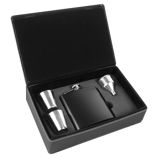Gift box set with 6 oz. leatherette stainless steel flask, 2... from ASI 99030 Zipline / Zipline®