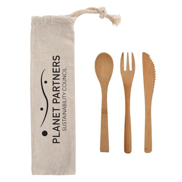 Bamboo fork, spoon and knife in a travel pouch... from ASI 61125 Hit Promotional Products