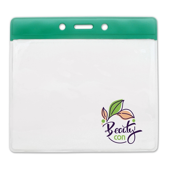 Event-size vinyl badge holders feature a clear pocket with a color... from ASI 79898 Promovision / PROMOVISION