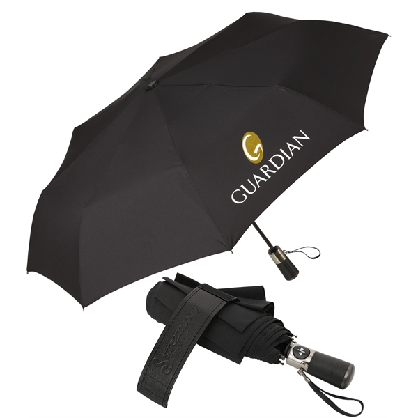 Mini umbrella; with black RPET polyester & features a black leatherette... from ASI 76730 Peerless Umbrella Co Inc