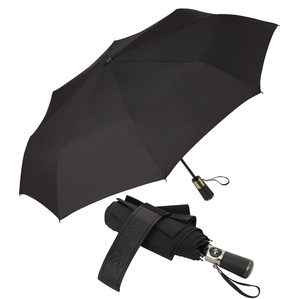 Mini umbrella; with black RPET polyester & features a black leatherette... from ASI 76730 Peerless Umbrella Co Inc