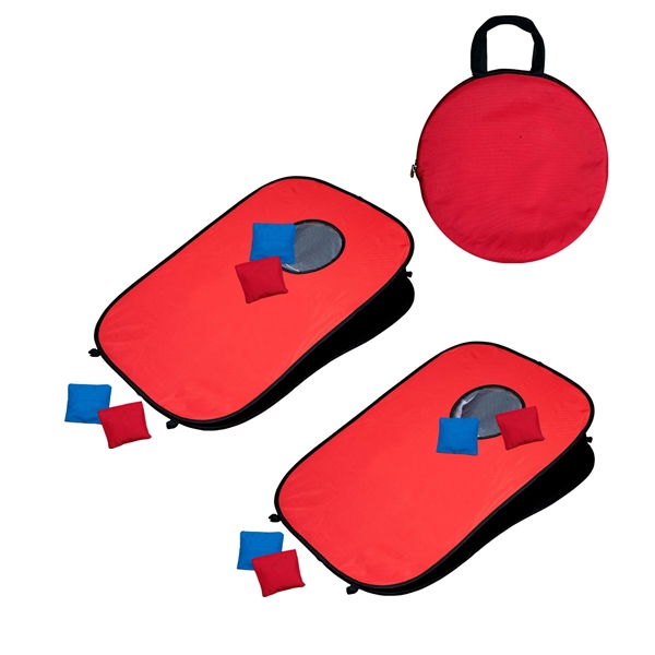 Portable pop-up cornhole set with two boards, 8 bags, ground stakes... from ASI 76730 Peerless Umbrella Co Inc / Threads By Peerless
