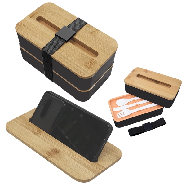 Stackable two-tier Bento Box with removable divider and bamboo wood lid... from ASI 61125 Hit Promotional Products