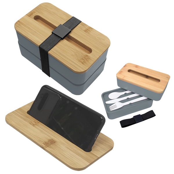 Stackable two-tier Bento Box with removable divider and bamboo wood lid... from ASI 61125 Hit Promotional Products