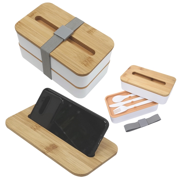 Stackable two-tier Bento Box with removable divider and bamboo wood lid... from ASI 61125 Hit Promotional Products