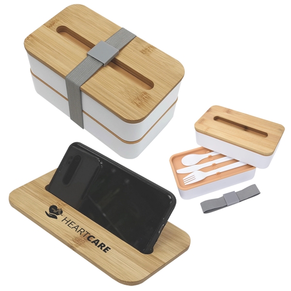 Stackable two-tier Bento Box with removable divider and bamboo wood lid... from ASI 61125 Hit Promotional Products
