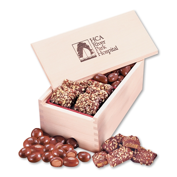 Wooden collector's box filled with english toffee and chocolate almonds.... from ASI 68680 Maple Ridge Farms Inc