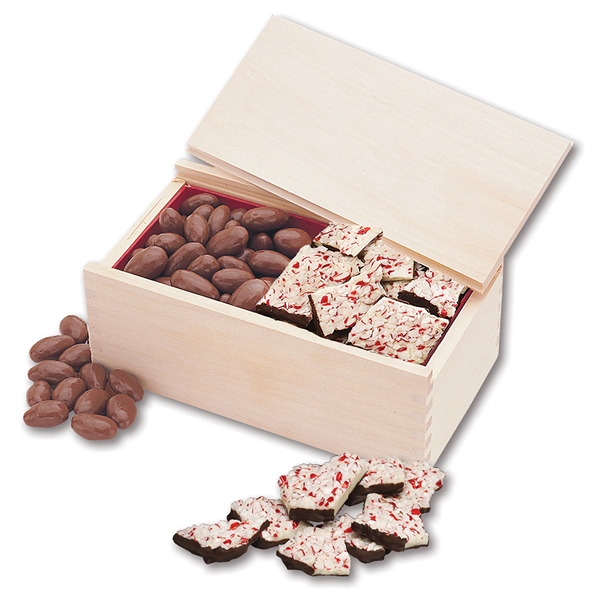 Wooden collector's box filled with peppermint bark and chocolate almonds.... from ASI 68680 Maple Ridge Farms Inc