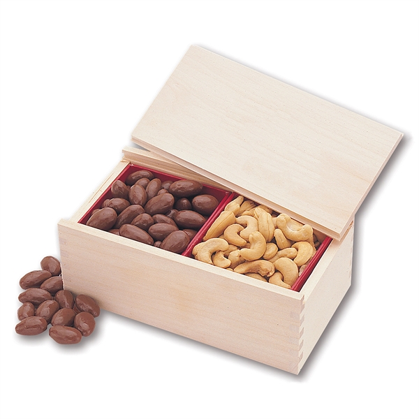 Wooden collector's box filled with chocolate almonds and cashews.... from ASI 68680 Maple Ridge Farms Inc