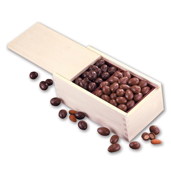 Wooden collector's box filled with milk & dark chocolate covered almonds.... from ASI 68680 Maple Ridge Farms Inc