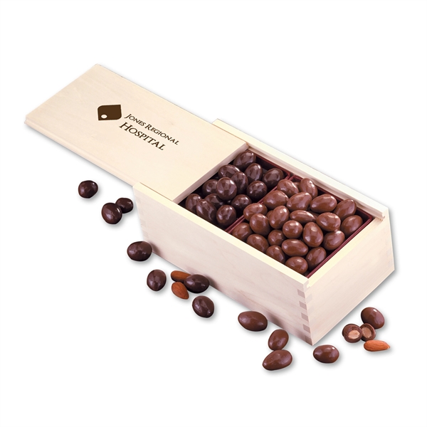 Wooden collector's box filled with milk & dark chocolate covered almonds.... from ASI 68680 Maple Ridge Farms Inc