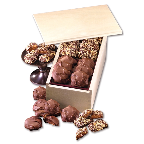 Wooden collector's box filled with english butter toffee and pecan turtles.... from ASI 68680 Maple Ridge Farms Inc