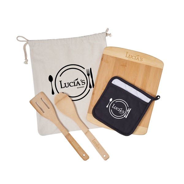 Bamboo cooking set that includes gift bag, bamboo cutting board, bamboo... from ASI 52840 Evans Manufacturing
