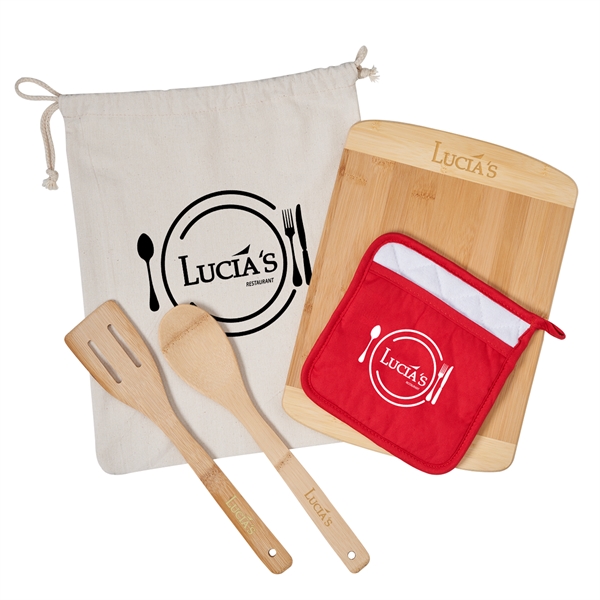Bamboo cooking set that includes gift bag, bamboo cutting board, bamboo... from ASI 52840 Evans Manufacturing