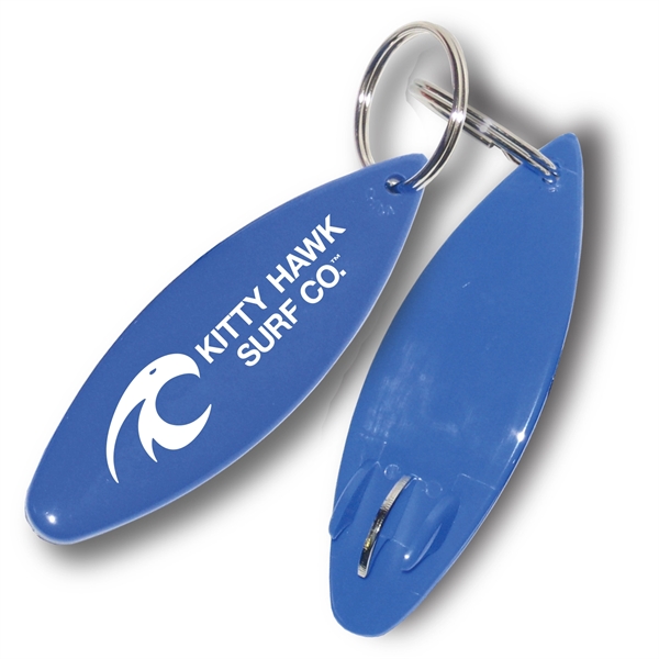 Plastic surfboard shaped bottle opener with metal insert and key ring.... from ASI 63073 Openers.Beer / Openers Plus Hobow Caps and Beverage Tools