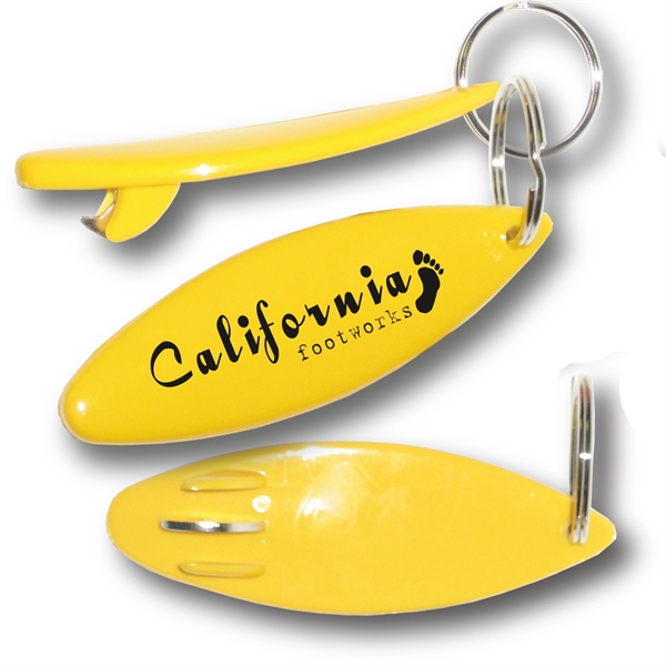 Plastic surfboard shaped bottle opener with metal insert and key ring.... from ASI 63073 Openers.Beer / Openers Plus Hobow Caps and Beverage Tools