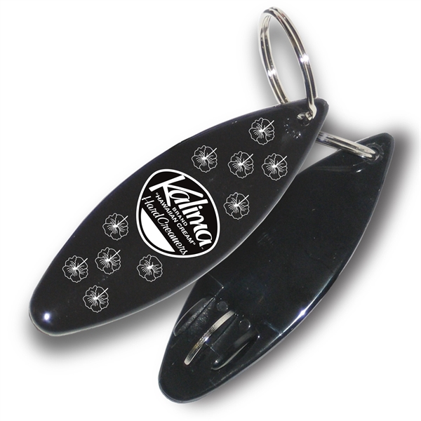 Plastic surfboard shaped bottle opener with metal insert and key ring.... from ASI 63073 Openers.Beer / Openers Plus Hobow Caps and Beverage Tools