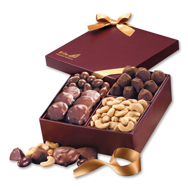 Burgundy gift box filled with chocolates and nuts.... from ASI 68680 Maple Ridge Farms Inc