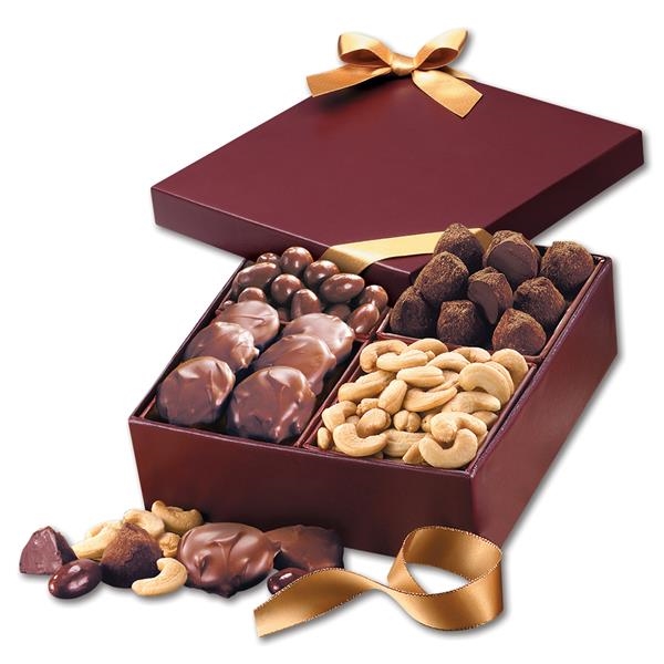 Burgundy gift box filled with chocolates and nuts.... from ASI 68680 Maple Ridge Farms Inc