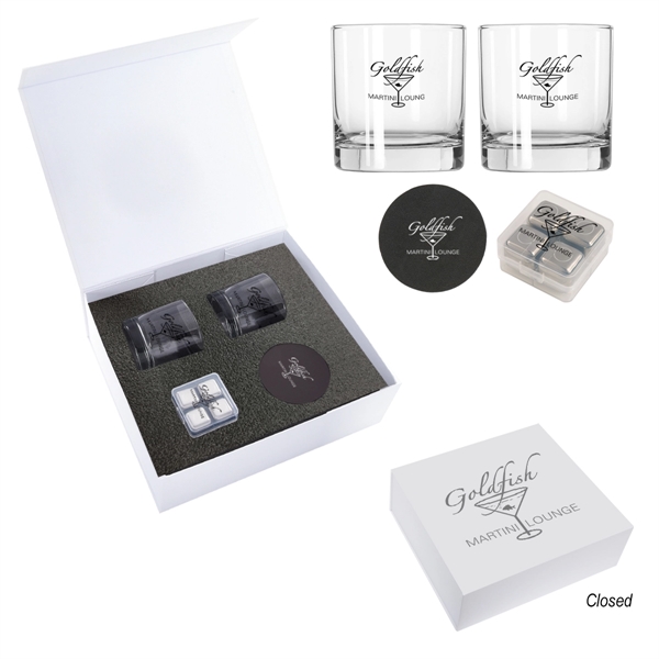 Whiskey kit featuring two glasses, ice cubes, and two bonded leather... from ASI 61125 Hit Promotional Products