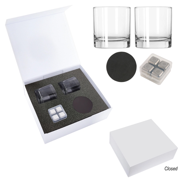 Whiskey kit featuring two glasses, ice cubes, and two bonded leather... from ASI 61125 Hit Promotional Products