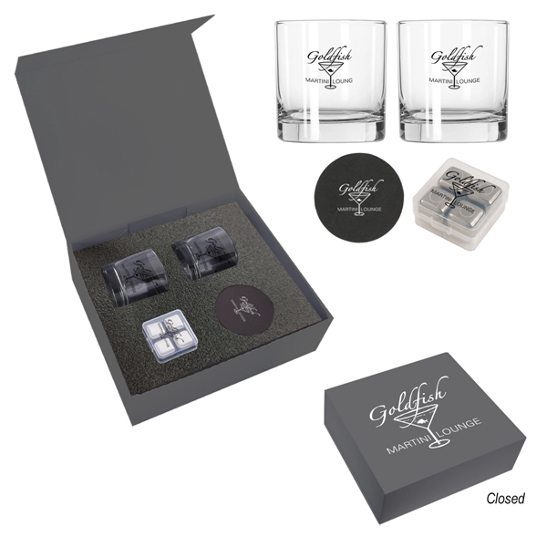 Whiskey kit featuring two glasses, ice cubes, and two bonded leather... from ASI 61125 Hit Promotional Products