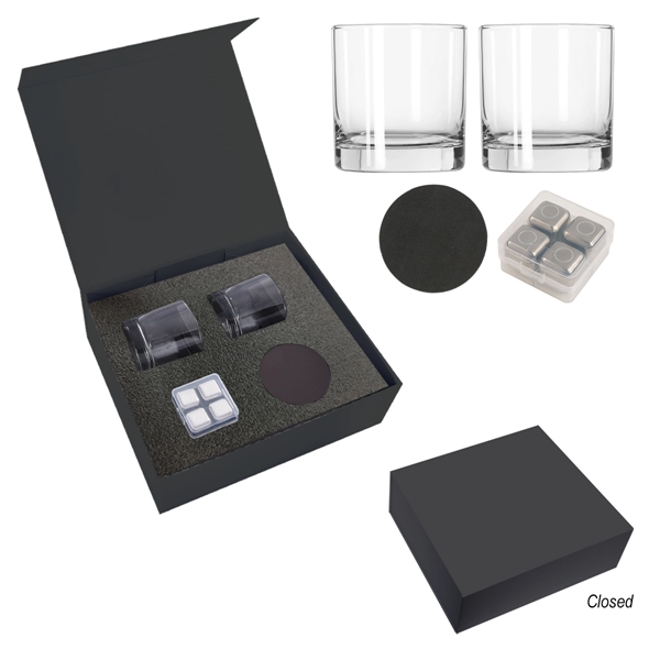 Whiskey kit featuring two glasses, ice cubes, and two bonded leather... from ASI 61125 Hit Promotional Products