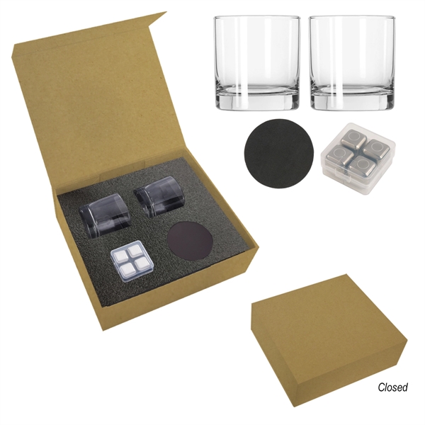 Whiskey kit featuring two glasses, ice cubes, and two bonded leather... from ASI 61125 Hit Promotional Products