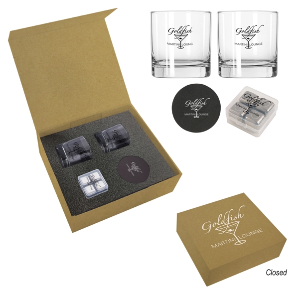 Whiskey kit featuring two glasses, ice cubes, and two bonded leather... from ASI 61125 Hit Promotional Products