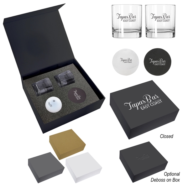Whiskey kit featuring two glasses, ice cubes, and two bonded leather... from ASI 61125 Hit Promotional Products / Hit®